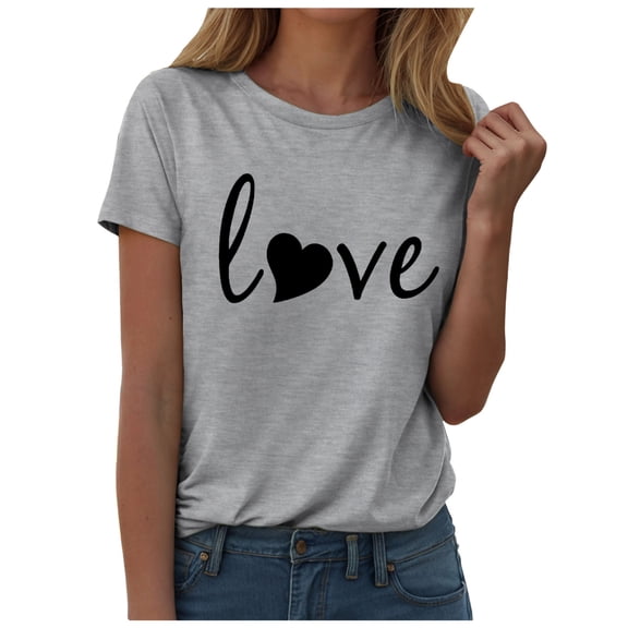 COMVALUE Women Love Heart Printed Shirts Valentine's Day Cute Casual Graphic T Shirts Spring Tops Trendy Tee Gifts (Grey, L)