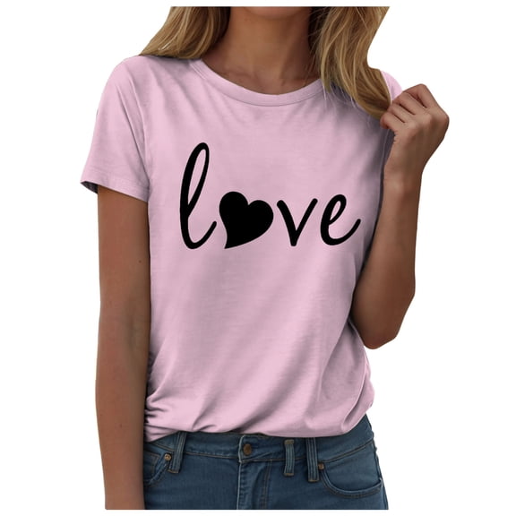 COMVALUE Women Love Heart Printed Shirts Valentine's Day Cute Casual Graphic T Shirts Spring Tops Trendy Tee Gifts (Pink, XXL)