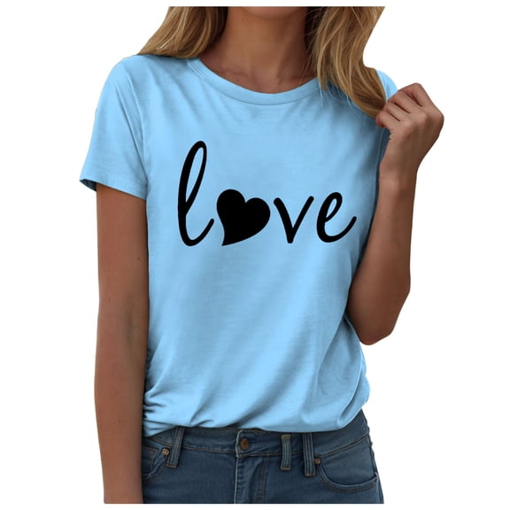 COMVALUE Women Love Heart Printed Shirts Valentine's Day Cute Casual Graphic T Shirts Spring Tops Trendy Tee Gifts (Sky Blue, M)