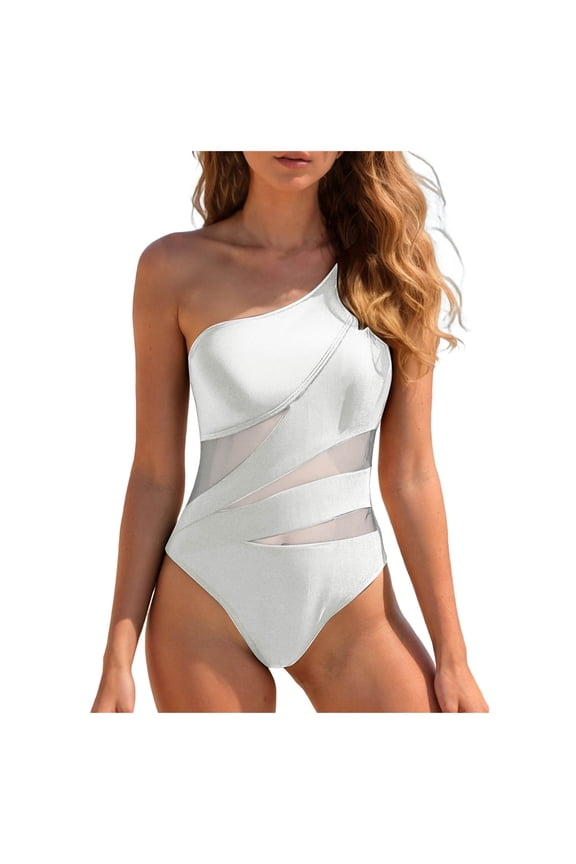 Women Mesh Tummy Control One Piece Swimsuit - One Shoulder Bathing Suit Cut Out Swimwear 2026 (White, M)