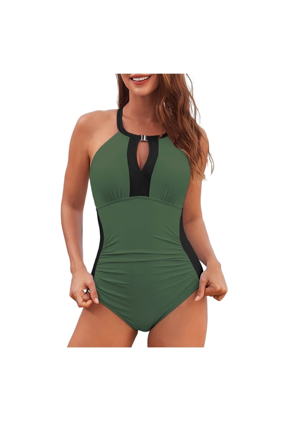 Women One Piece Swimsuit High Neck Plunge Ruched Tummy Control Bathing Suit (Army Green, S)