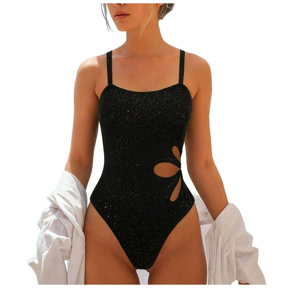 COMVALUE Women One Piece Swimsuit Sexy Cutout Floral Slimming Adjustable Strap Color Block Swimwear (Black, XL)