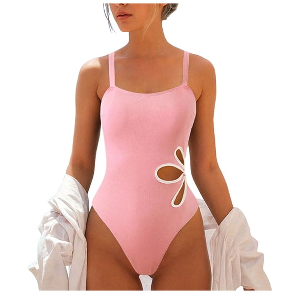 COMVALUE Women One Piece Swimsuit Sexy Cutout Floral Slimming Adjustable Strap Color Block Swimwear (Pink, M)