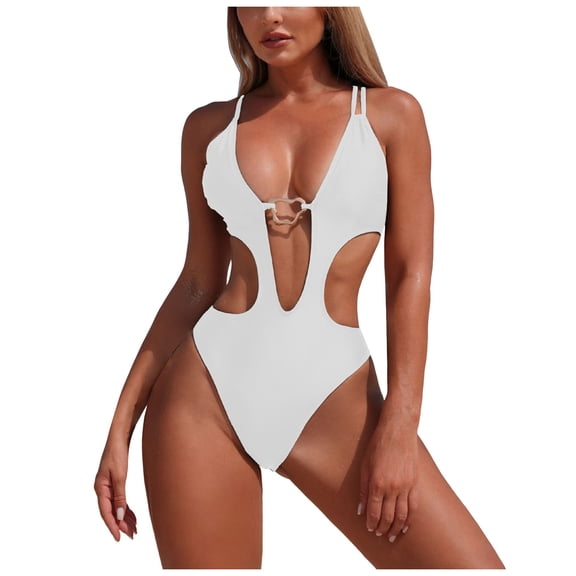 COMVALUE Women One Piece Swimsuit Slimming Cutout Fashoin Swimwear Metal Ring Bathing Suit Female Beachwear (White, S)