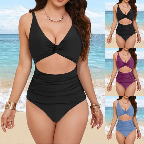 COMVALUE Women One Piece Swimsuits Tummy Control Cutout Bathing Suits Ruched V Neck Twist Front Swimwear (Blue, S)