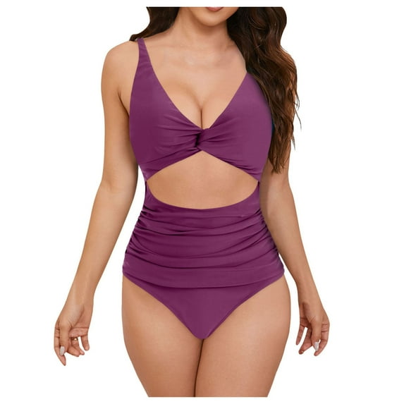COMVALUE Women One Piece Swimsuits Tummy Control Cutout Bathing Suits Ruched V Neck Twist Front Swimwear (Red, M)