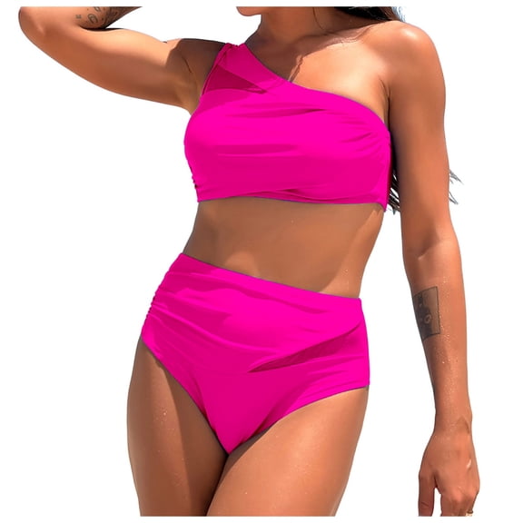 COMVALUE Women One Shoulder High Waisted Bikini Set Two Piece Tummy Control Swimsuits Full Coverage Bathing Suit (Red, S)