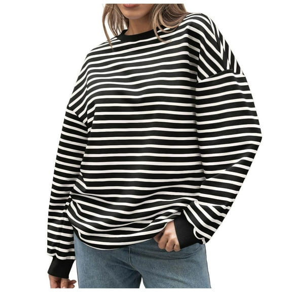 COMVALUE Women Oversized Striped Crewneck Sweatshirt Long Sleeve Color Block Pullover Tops Casual Loose Workout Shirt (Black,XL)