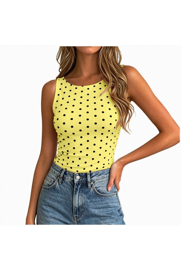 Women Polka Dot Tops Boat Neck Sleeveless Bow Tie Back Casual Slim Fit Cami Y2k Trendy Basic Sexy Shirt Yellow for Size S