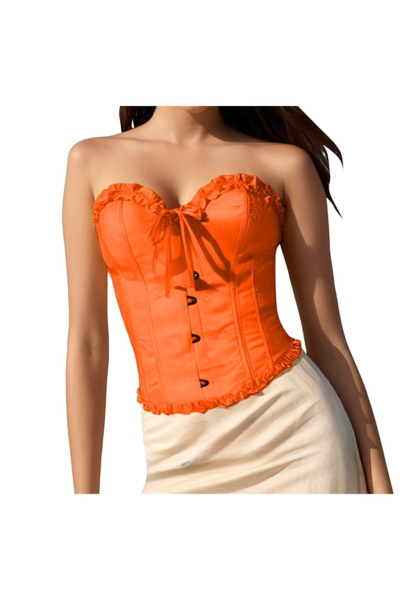 Women Renaissance Floral Lace up Boned Overbust Corset Bustier Shapewear Corsets (Orange, XXL)