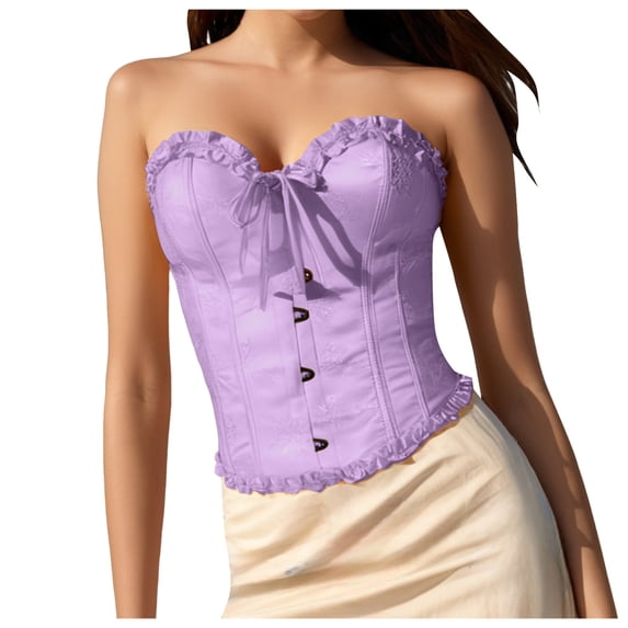 COMVALUE Women Renaissance Floral Lace up Boned Overbust Corset Bustier Shapewear Corsets (Purple, M)