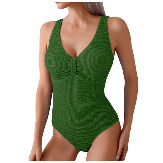 COMVALUE Women Ribbed One Piece Swimsuit Sports Wide Straps Scoop Neck Summer Tummy Control Swimsuit (Army Green, XXL)