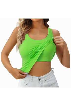 Women Ribbed Workout Crop Tops with Built in Bra Seamless Yoga Racerback Tank Top Tight Green for Size L