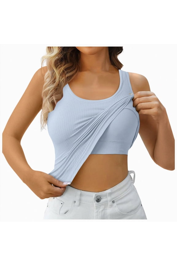 Women Ribbed Workout Crop Tops with Built in Bra Seamless Yoga Racerback Tank Top Tight Light Blue for Size L