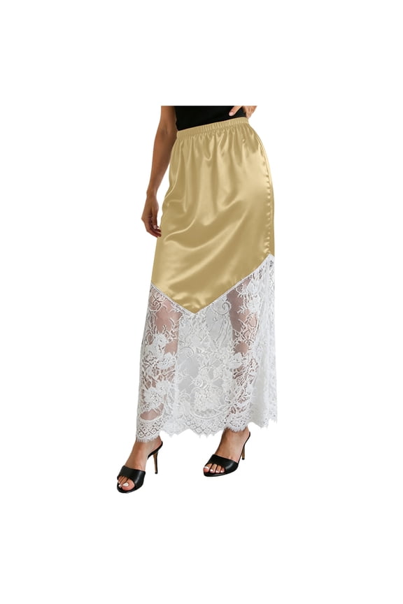 Satin Skirts Women High Waist Lace Skirts Y2K Elegant Lace Patchwork Skirt Solid Silk Wrap Maxi Skirts 2026 (Gold, L)