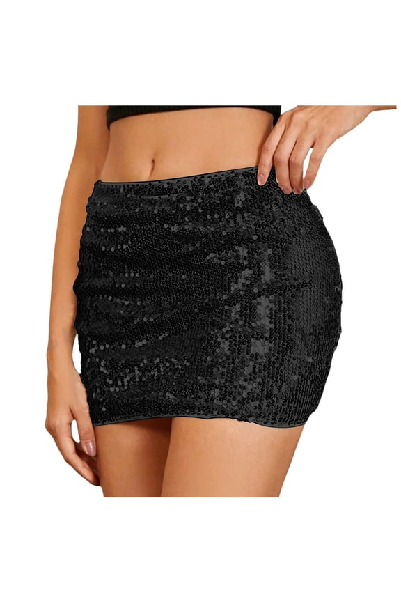 Women Sequin Skirt Sparkly Mini Skirt Low Waist Glitter Skirt Sexy Night Out Party Skirts for Women (Black, M)