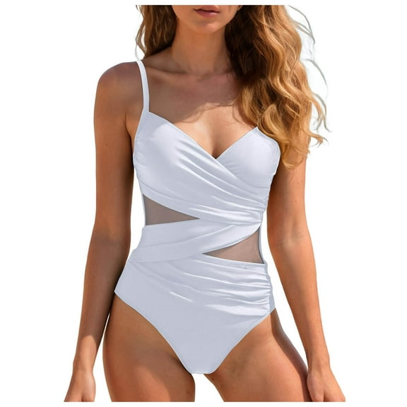 COMVALUE Women Sexy Mesh V Neck Tummy Control One Piece Swimsuit Push Up Bathing Suit (White, S)