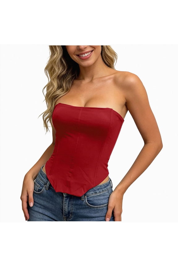 Women Sexy Strapless Corset Tops Mesh Lace Up Back Going Out Bustier Lingerie Y2k Frilled Boned Bodice Tube Top (Red, L)