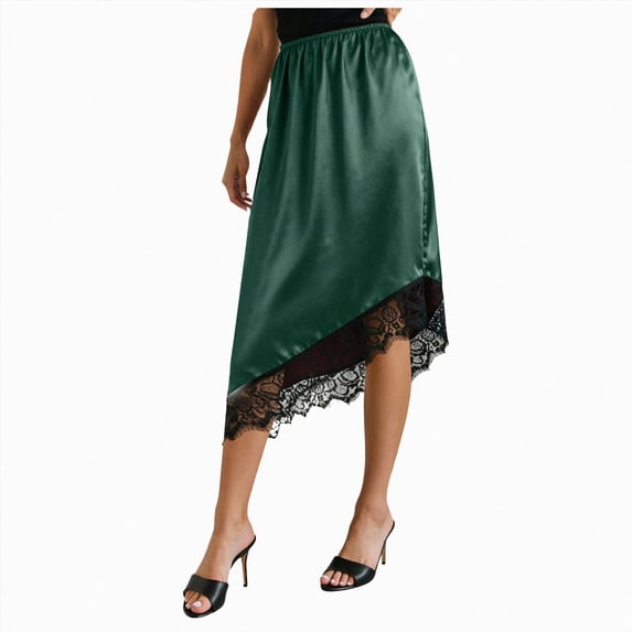 COMVALUE Women Silk Satin Half Slip Long Skirts Lace Patchwork Elastic Waist Long Skirt Elegant Silky Flowy A Midi Skirts (Dark Green, L)