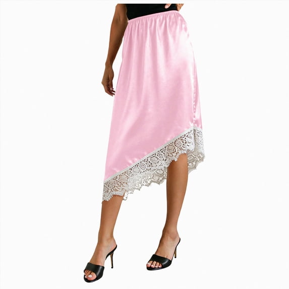 COMVALUE Women Silk Satin Half Slip Long Skirts Lace Patchwork Elastic Waist Long Skirt Elegant Silky Flowy A Midi Skirts (Pink, XXL)