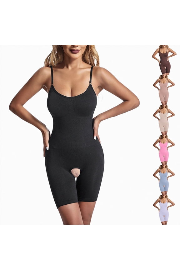 Women Slimming Bodysuits Shapewear Tops Tummy Control Body Shaper Spaghetti Strap Camisole Leotards Bodycon Jumpsuit (Beige, M)