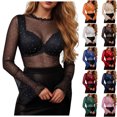 thumbnail image 1 of COMVALUE Women Sparkly Mesh Long Sleeve Top Sheer Lace Undershirts Mock Neck Tee Shirt Trendy (White, L), 1 of 6