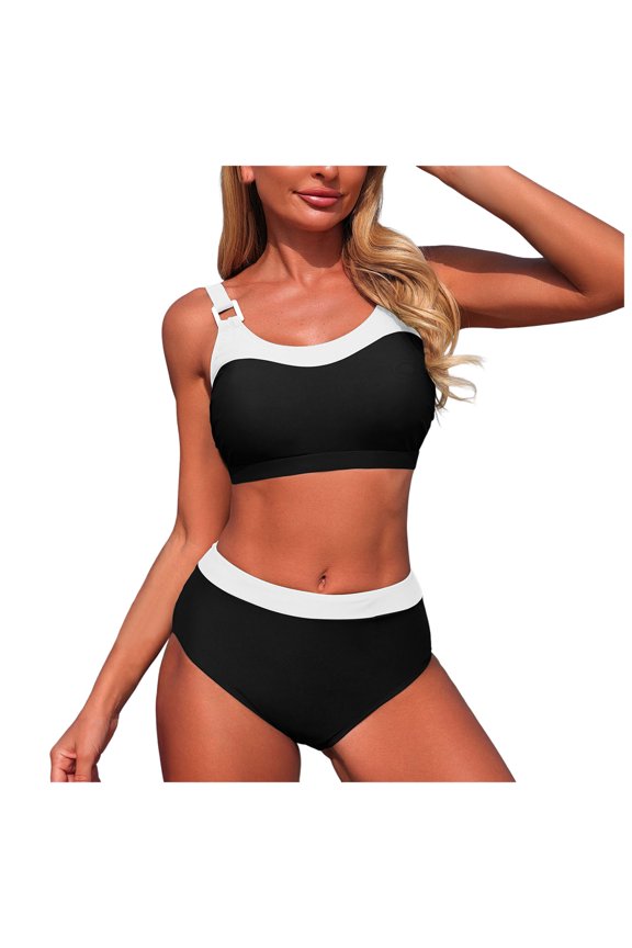 Women Sports Scoop Neck High Waisted Swimsuits Two Piece Crop Top Bikini Cheeky High Cut Ribbed Color Block Bathing Suit (Black, L)