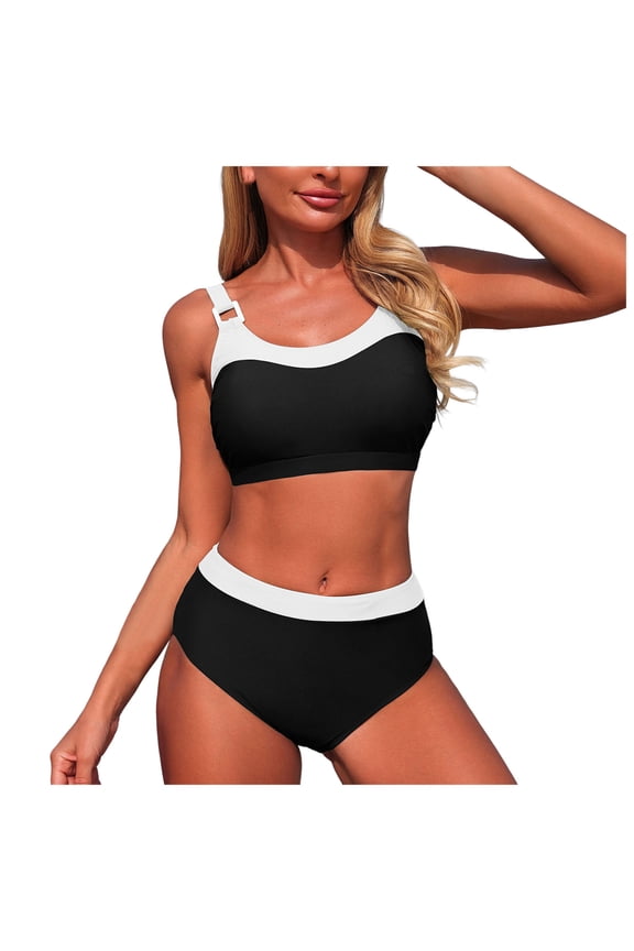 Women Sports Scoop Neck High Waisted Swimsuits Two Piece Crop Top Bikini Cheeky High Cut Ribbed Color Block Bathing Suit (Black, S)