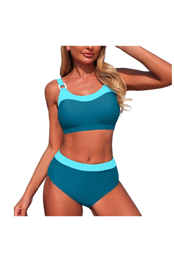 Women Sports Scoop Neck High Waisted Swimsuits Two Piece Crop Top Bikini Cheeky High Cut Ribbed Color Block Bathing Suit (Blue, M)