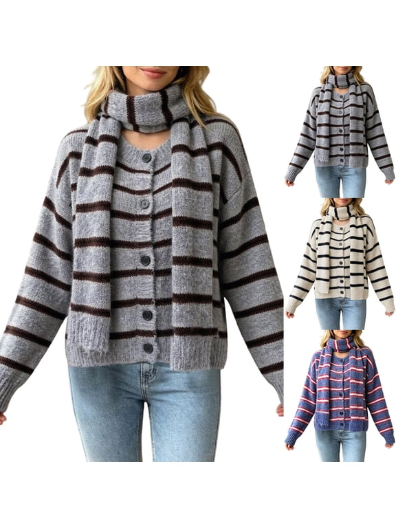 Women Striped Cardigan Sweaters Button Up Button Down Fall Winter Open Front Baggy Long Sleeve Business Casual Outfits with Scarf Soft Warm Knit Chunky (Beige, XL)