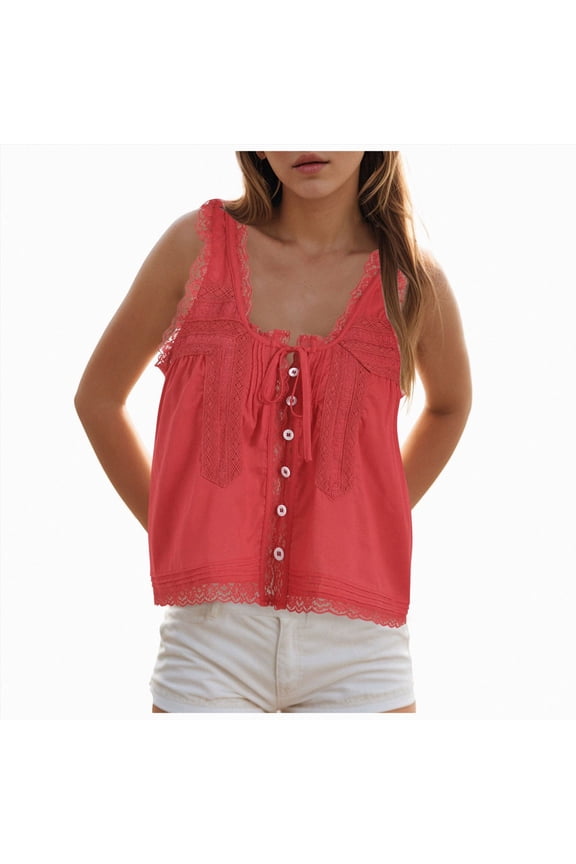 Women Summer Boho Lace Front Tank Beach Vacation Top Button Down Sleeveless Cardigan Crop Y2k Tops Clothes 2026 Wine for Size L