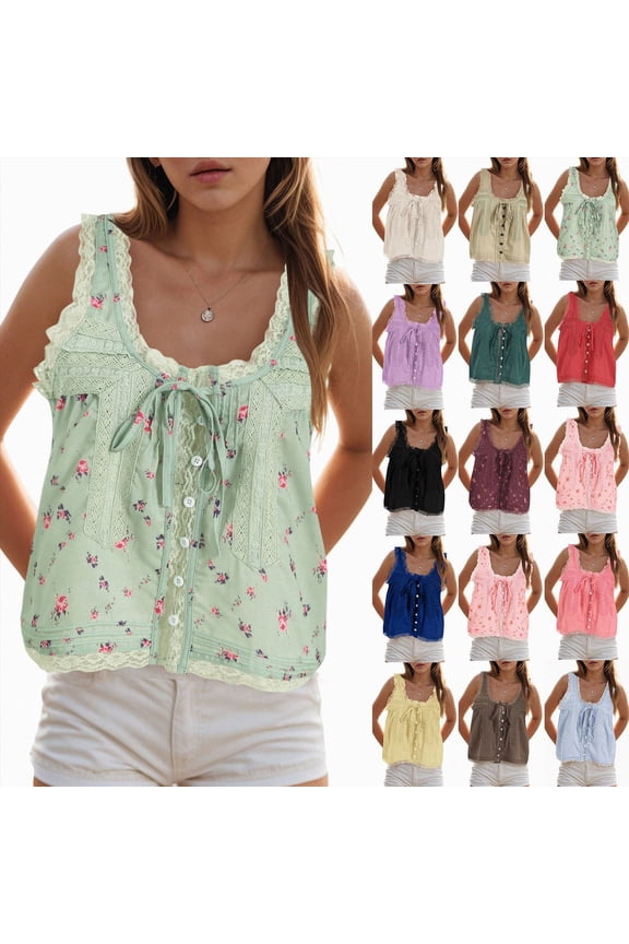 Women Summer Boho Lace Tie Front Tank Beach Vacation Top Button Down Sleeveless Cardigan Crop Y2k Tops Clothes 2026 Sky Blue S