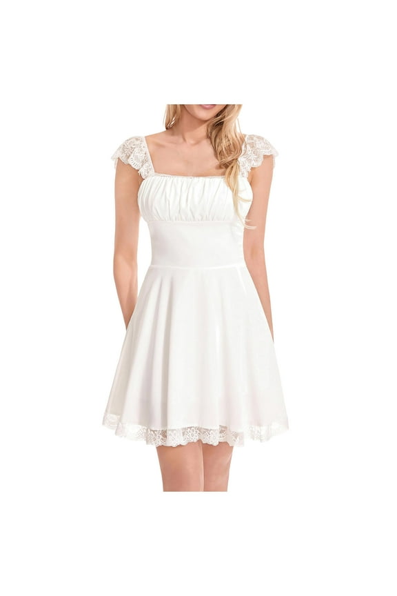 Women Summer Mini Dress Y2k Low Cut Lace Patchwork Mini Dress Birthday Cocktail Short Going Out Dresses (White, M)