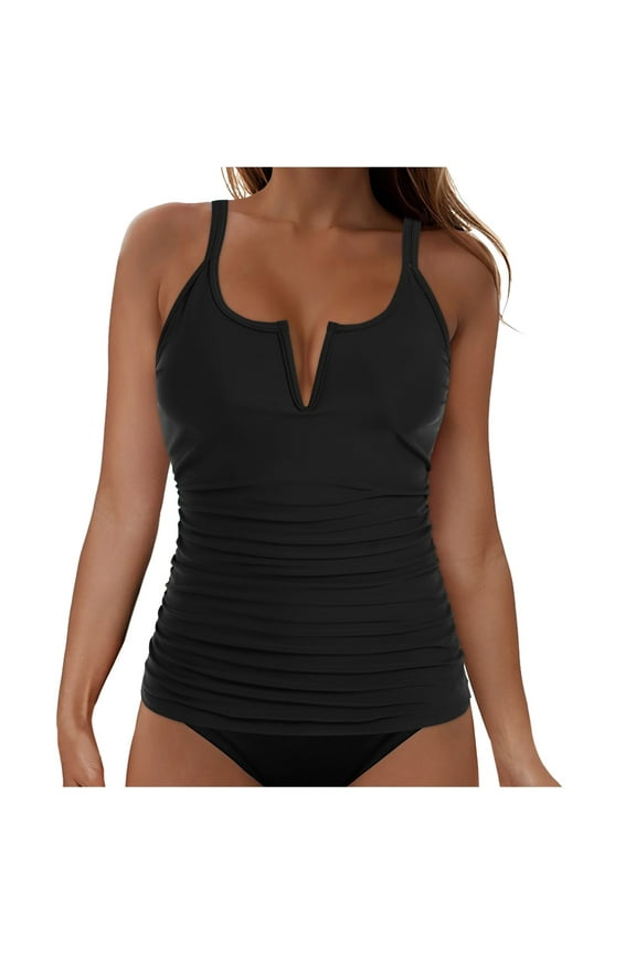 Women Tankini Bathing Suit Top - Ruched Tummy Control Swimsuit Top Modest Swim Tank Top Only No Bottom 2026 (Black, XL)