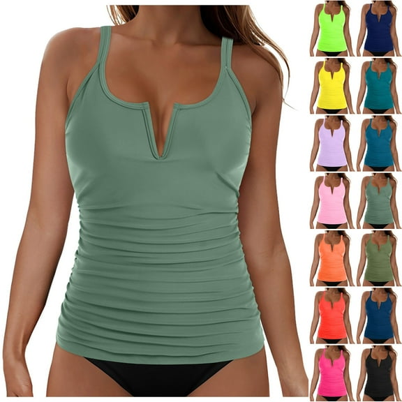 COMVALUE Women Tankini Bathing Suit Top - Ruched Tummy Control Swimsuit Top Modest Swim Tank Top Only No Bottom 2026 (Green, M)