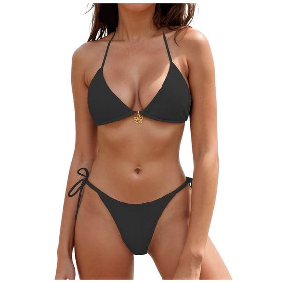 COMVALUE Women Thong Bikini Sets String Halter Two Piece Sexy Swimsuit Cheeky Solid Color Bathing Suit (Black, L)