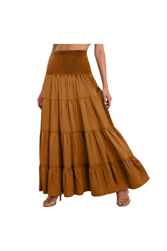 Women Tiered A Line Maxi Skirt for Elastic Waist Vintage Patchwork Design (Orange, S)
