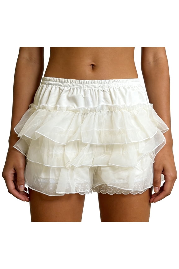 Women Tiered Ruffle Bloomers Panties Girls Mini Pants Cute Lolita Ruffle Shorts (White, XL)