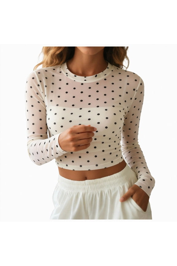 Women Trendy Crew Neck Polka Dot Sheer Mesh Blouse Sexy Slim Fit Long Sleeve See Through Crop Shirt Fall Clubwear (Beige, XL)