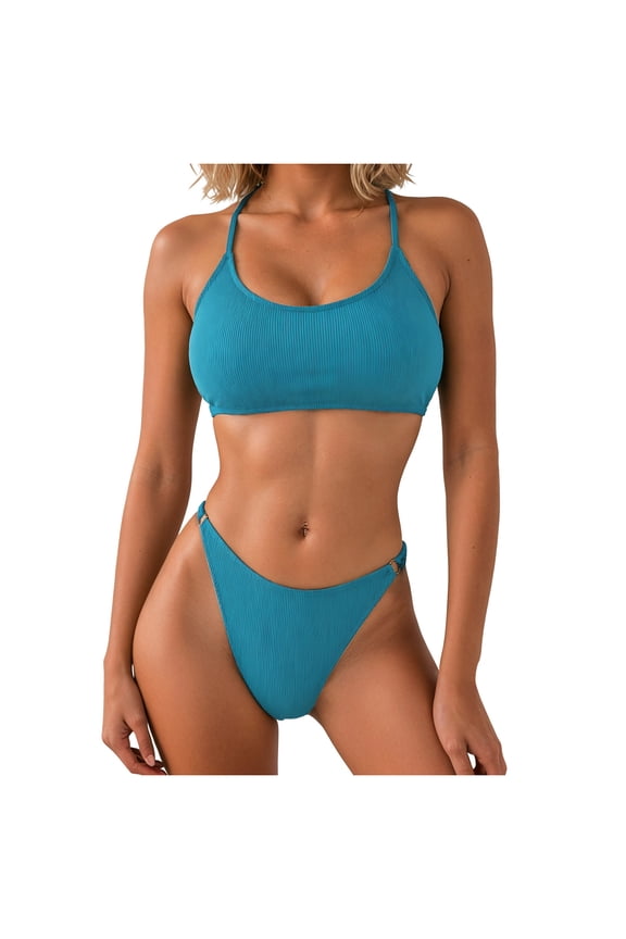 Women Two Piece Bikini Sets Ribbed Cheeky Textured Spaghetti Strap Bathing Suit (Navy, L)