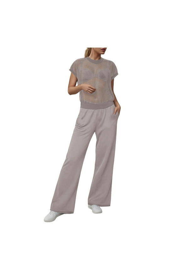 Women Two Piece Outfits Crochet Sheer Knit Sweater Top Wide Leg Pants Lounge Matching Sets Sweatsuit Travel Clothes (Grey, XXL)