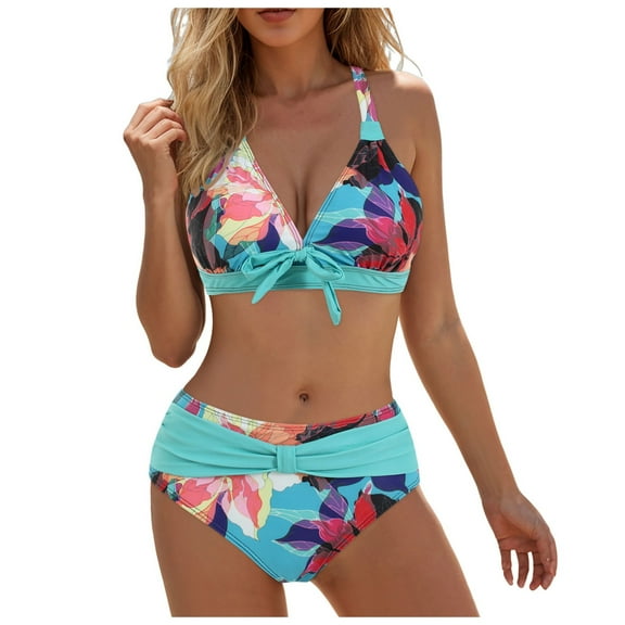 COMVALUE Women Two Piece Swimsuit Cow Print Bikini Sexy Halter Bathing Suit (Light Blue, S)