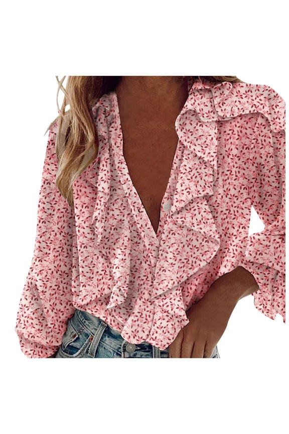 Women V Neck Blouses Dressy Casual Chiffon Shirt Double Layered Floral Ruffle Tops Beach Vacation Summer Trendy (Pink, XXL)