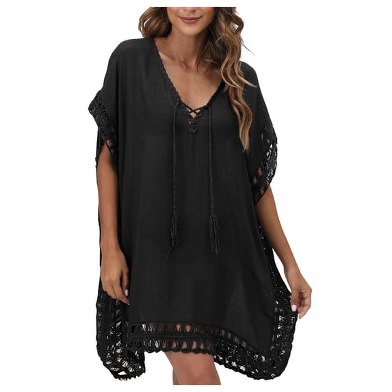 COMVALUE Women V Neck Swimsuit Cover Ups Crochet Swim Coverup Hollow Out Summer Beach Cover Up Dress (One Size, Black)