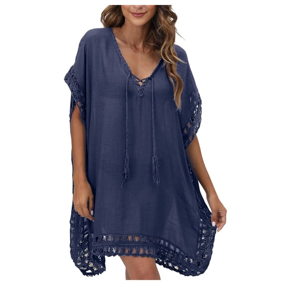 COMVALUE Women V Neck Swimsuit Cover Ups Crochet Swim Coverup Hollow Out Summer Beach Cover Up Dress (One Size, Navy)