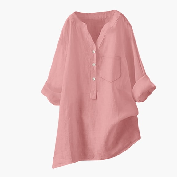 COMVALUE Women Vintage Plain Oversize T Shirt Cotton Linen Blouse Tunic Shirt Long Sleeve V Neck T Shirt Loose Blouse Shirt Large Sizes Pullover Tops Long Blouse Shirt (Light Pink, 3XL)