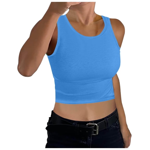 COMVALUE Women Wide Strap Ribbed Cropped Tank Tops 2026 Summer Trendy Crop Top Tight Fit Basic Sleeveless Camisole (Light Blue, L)