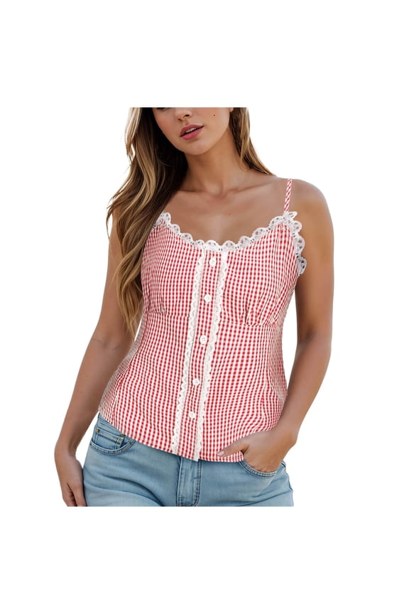 Women Y2K Cami Top Aesthetic Printed Button Down Camisole Fairy Grunge Tie Back Spaghetti Strap (Red, M)