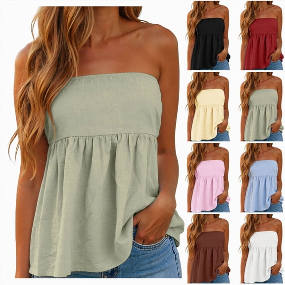 COMVALUE Women Y2k Peplum Tube top Strapless Bubble Bandeau Top Ruffle Hem Flowy Aesthetic Summer Going Out Streetwear Light Green M