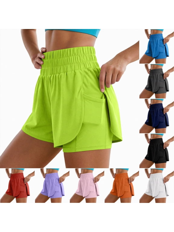 Women's 2 in 1 Running Shorts High-Split Athletic Short High Waisted 3" Liner Workout Gym Short with Pockets (Red, L)